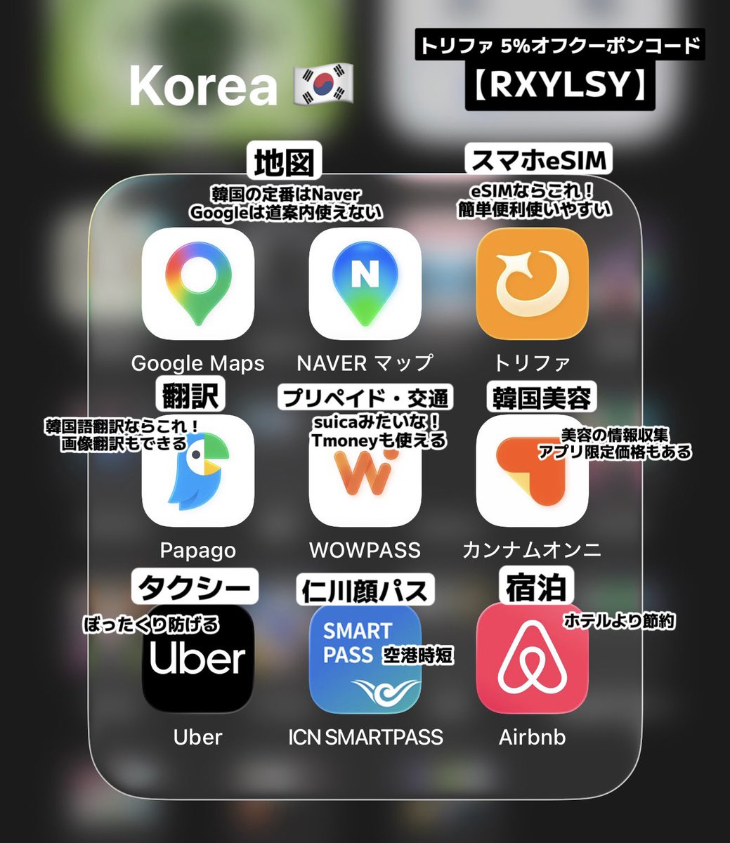 2024_0406's tweet photo. 🇰🇷韓国旅行・美容旅であると便利なアプリ✨

1️⃣ NAVERマップ（道案内・交通機関乗換）
2️⃣ Papago（韓国語の翻訳自然）
3️⃣ WOWPASS （円チャージ・決済・交通系IC）
4️⃣トリファ（入れ替え不要のeSIM）
5️⃣ カンナムオンニ（美容医療の口コミ・予約）
6️⃣ カカオor ウーバー（タクシー配車）
7️⃣ 仁川スマートパス（顔認証で出国審査の時短）
8️⃣ Airbnb（長期滞在にコスパ◎）

スマホはトリファのeSIMがいっちばん簡単で便利だよ‼️
万が一繋がらなくても、24時間チャットサービスですぐ助けてくれるから😭🙏
譲渡OKで友達とか家族の分まとめて買うと割引もあるよ〜😳
とりあえずアプリダウンロードしてみて🫶

🩷5%OFFクーポンコード【 RXYLSY 】🩷

@trifa_travel  #PR #トリファ #trifa #eSIM