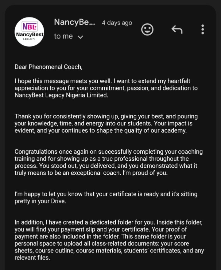 grace_harrix's tweet photo. 𝗖𝗼𝗻𝗴𝗿𝗮𝘁𝘂𝗹𝗮𝘁𝗶𝗼𝗻𝘀 𝘁𝗼 𝗺𝗲!!! 🎉 

I didn’t just complete a coaching training, I stepped deeper into the work I know I was created for.

This good news came in last week, but I intentionally held onto it for the start of a new week, because some wins deserve to be announced with musical instruments.

I recently completed my 𝗖𝗼𝗮𝗰𝗵𝗶𝗻𝗴 𝗧𝗿𝗮𝗶𝗻𝗶𝗻𝗴 with NancyBest Legacy Nigeria Limited, and I’m grateful for the growth, the stretch, and the opportunity to serve at a higher level.

As part of this journey, I coached students in 𝗧𝗲𝗰𝗵𝗻𝗶𝗰𝗮𝗹 𝗪𝗿𝗶𝘁𝗶𝗻𝗴, helping them move from confusion to clarity, from scattered thoughts to structured communication.

And that’s where I come alive.

Helping people:

➜ Think clearly.

➜ Communicate better.

➜ Show up with confidence.

This experience didn’t just refine my skill, it strengthened my conviction.

I am here to 𝗯𝘂𝗶𝗹𝗱 𝗽𝗲𝗼𝗽𝗹𝗲.

To NancyBest Ifeoma Lawrence (360° Content Queen and more), thank you for the leadership and the standard of excellence you represent. It is an honour to grow within this system.

To my students (I wish I can tag you all to this content), your growth is the real result. Thank you for trusting the process.

This is not a milestone I’m stopping at. It’s a level I’m building from.

If you are:
➜ A brand struggling to communicate your ideas clearly

➜ A professional who knows what to say but doesn’t know how to say it

➜ Or an organization that wants structured, high-impact Technical Writing training

I’m currently open to coaching individuals, training teams, and building structured writing systems. 

I'm not limited to only Technical Writing. 

I also train people across other niches of writing like Content Writing, Ghostwriting, CV Writing, Brand Story Writing, eBook Writing, AI Design Mastery, and Copywriting.

Send me a message, let’s work.