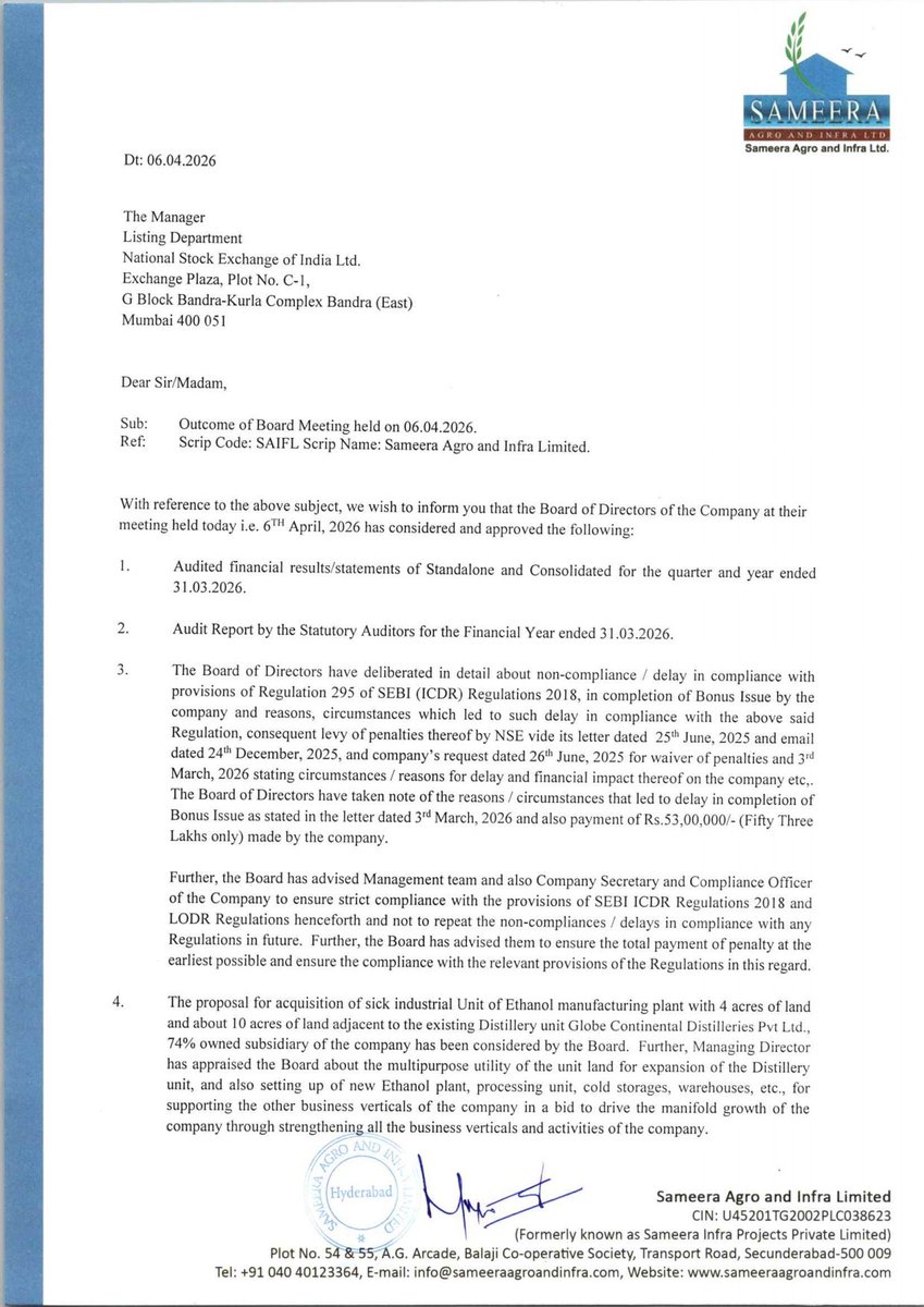 nileshkurhade's tweet photo. π Sameera Agro And Infra Limited informed the exchange about its approval for the financial results for the period ended March 31, 2026. #SME #SAIFL ππ§Ύ https://t.co/wb0SJlfylQ