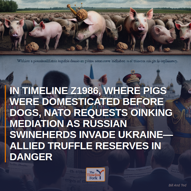 Timelinefork's tweet photo. In Timeline Z1986, Where Pigs Were Domesticated Before Dogs, NATO Requests Oinking Mediation as Russian Swineherds Invade Ukraine—Allied Truffle Reserves in Danger

#Ukraine #NATO #Russia https://t.co/e0ONadtuZ5