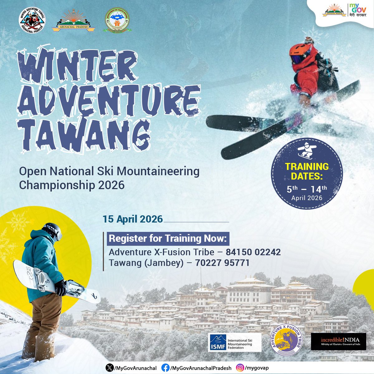 MyGovArunachal's tweet image. The majestic hills of Tawang invite you to explore winter sports, refine your techniques, and get ready for the Open National Ski Mountaineering Championship from 5th–14th April.

#WinterSports #AdventureAwaits #OutdoorAdventure