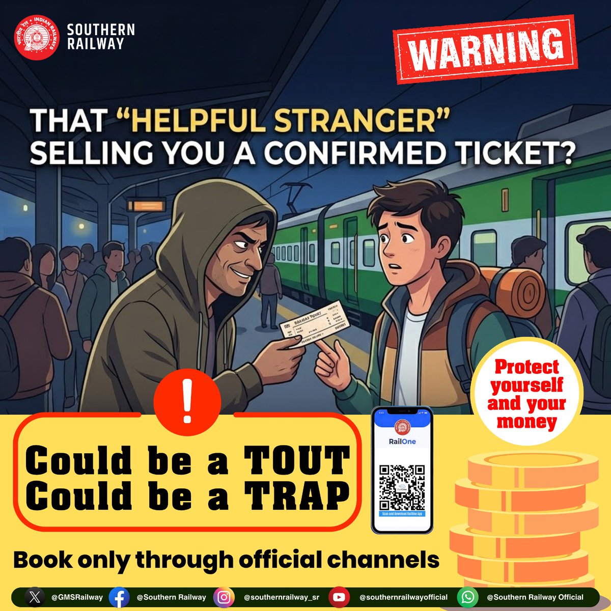 GMSRailway's tweet image. ⚠️That "helpful stranger" offering you a confirmed ticket at the last minute?

He's not helping you. He's trapping you.

❌ Fake tickets. Real losses.

 ✅ Book only through official channels — IRCTC, RailOne App, or authorised counters.

#BewareOfTouts #RailSafety