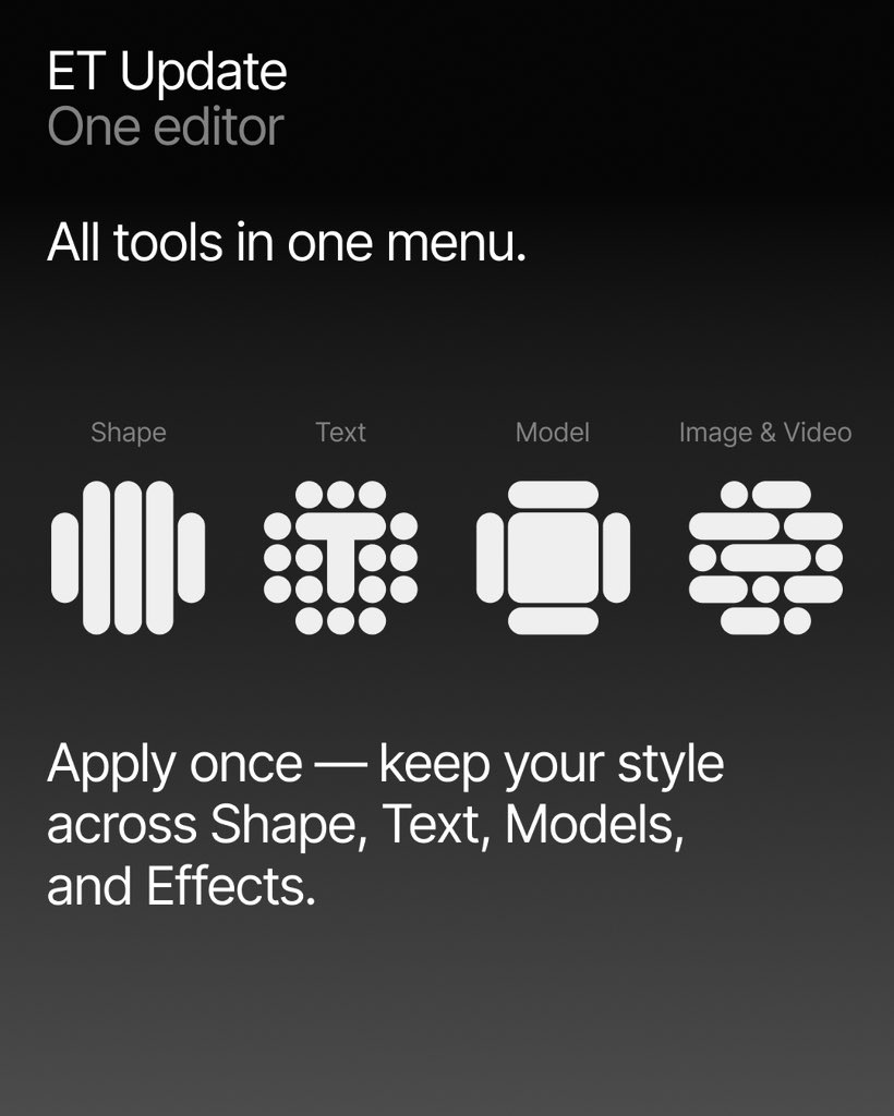 endlesstools's tweet image. 🤍🤍🤍🤍All in one place.
Create with Shapes, Text, Models, Images, Video, and Effects — all in one seamless workflow.
Apply your style across different tools, switch between formats, and build everything in one place.
#endlesstools #3d #designtools #visualeffects