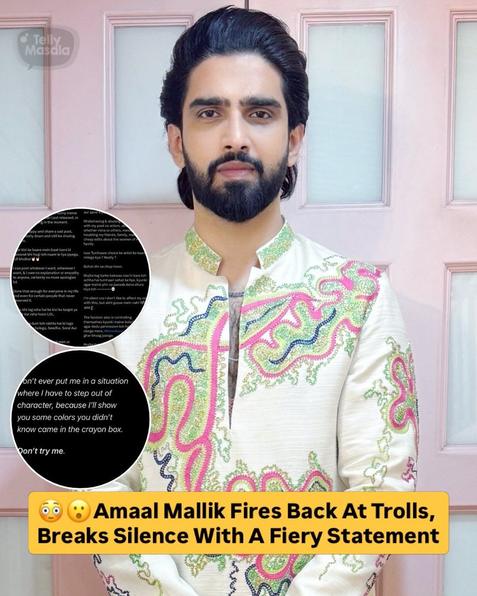 tellymasala's tweet image. Amaal Mallik has hit back at trolls with a strong statement, calling out twisted narratives and false assumptions. He made it clear that his posts reflect his mood and aren’t aimed at anyone.

#AmaalMallik #BiggBoss19 #BreakingSilence #Trolls #tellymasala