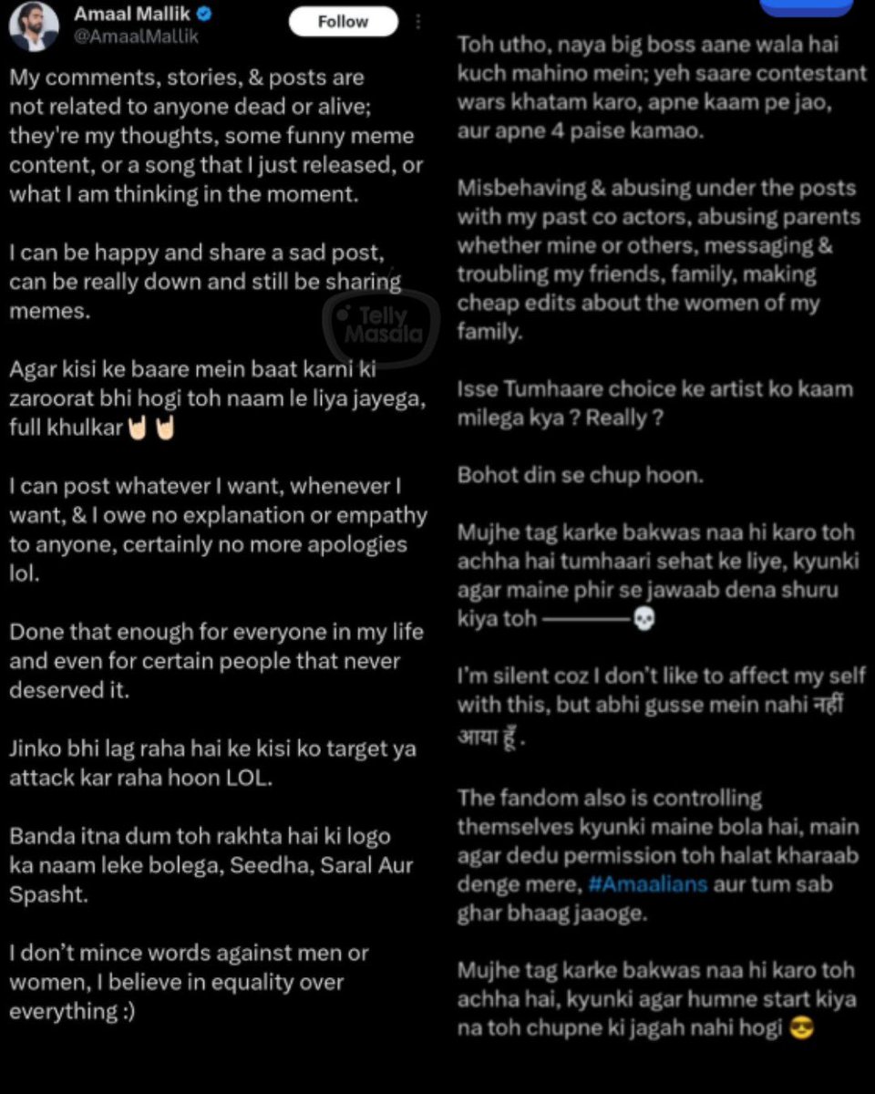tellymasala's tweet image. Amaal Mallik has hit back at trolls with a strong statement, calling out twisted narratives and false assumptions. He made it clear that his posts reflect his mood and aren’t aimed at anyone.

#AmaalMallik #BiggBoss19 #BreakingSilence #Trolls #tellymasala