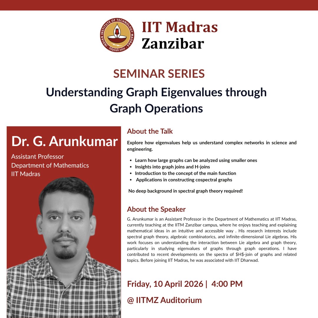 IITMZanzibar's tweet photo. From nodes to knowledge - Turning connections into clarity.
What happens to eigenvalues when graphs evolve? Letโs find out.
#GraphTheory #Mathematics #MathsMagic #IITMZ #STEMLearning #Innovation #ResearchLife #DataScience #Learning https://t.co/8roluUd6WY