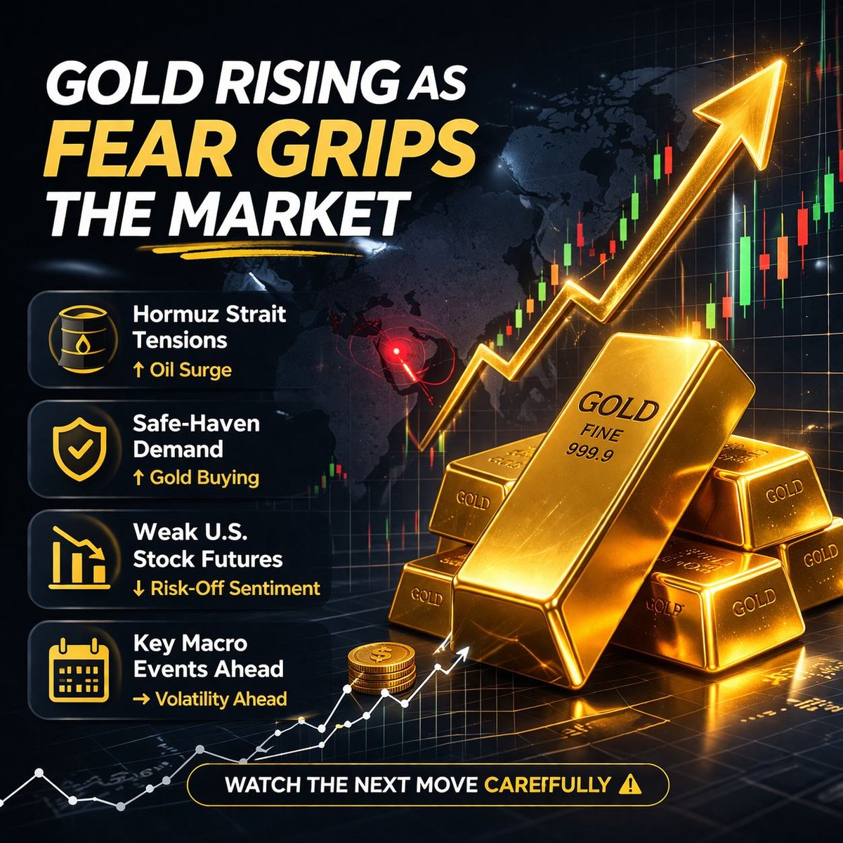 Gold is rising as fear tightens its grip on the market.

Hormuz Strait tensions and surging oil prices are fueling bullish momentum, while weak U.S. stock futures push investors toward safe-haven assets.

With major macro events ahead, volatility is inevitable—smart money is