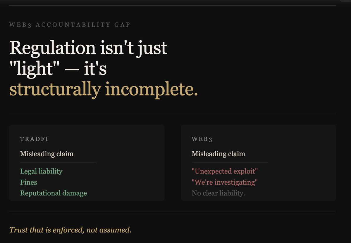 If Web3 wants to go mainstream, regulation isn't optional. Not "slow innovation" regulation  but enforceable accountability.  Users expect basics: clear responsibility, limits on claims, consequences for misrepresentation. Today, those are inconsistent. Failures get labeled