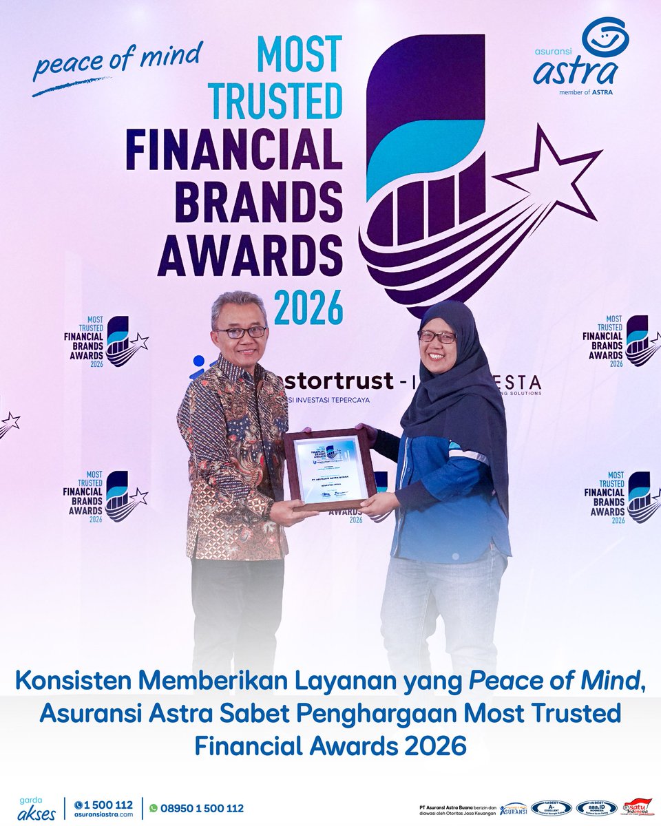 _AsuransiAstra's tweet image. Another win! 🏆

Asuransi Astra kembali dipercaya sebagai Most Trusted Financial Brands 2026 untuk Produk Asuransi Umum.

Terima kasih atas kepercayaan anda, ini akan jadi semangat kami untuk terus berinovasi. 🫡

#AsuransiAstra #PeaceOfMind #MostTrustedFinancialBrandsAwards2026