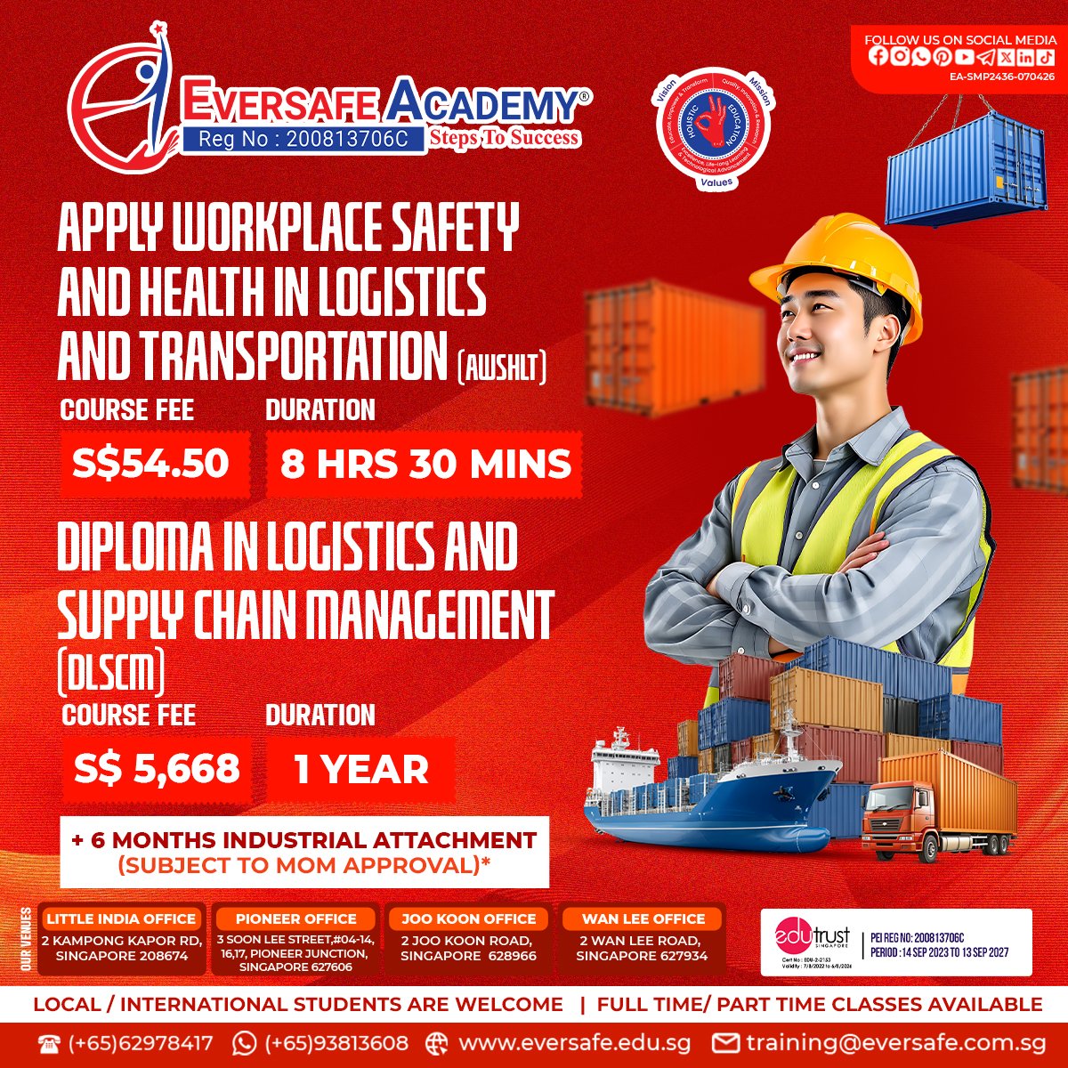 EversafeAcademy's tweet image. Apply Workplace Safety and Health in Logistics and Transportation (AWSHLT)  | Diploma in Logistics and Supply Chain Management (DLSCM)
#LogisticsSingapore #SupplyChainManagement #AWSHLT #WarehouseSafety #EversafeAcademy