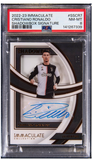 TheMacroPulseCo's tweet photo. 🐐 CR7 "IMMACULATE" GRAIL ALERT 🚨
Own a piece of history: 2022-23 Panini Immaculate Cristiano Ronaldo Auto.

Rare: #2/4 (True scarcity)

Shadowbox: Iconic 3D acetate design

PSA 8: Pop 1 (The only one!)

Live now on @GoldinCo Auctions! 📈⚽️

#CR7 #Panini #SoccerCards #Ronaldo https://t.co/FUVzTGofJn