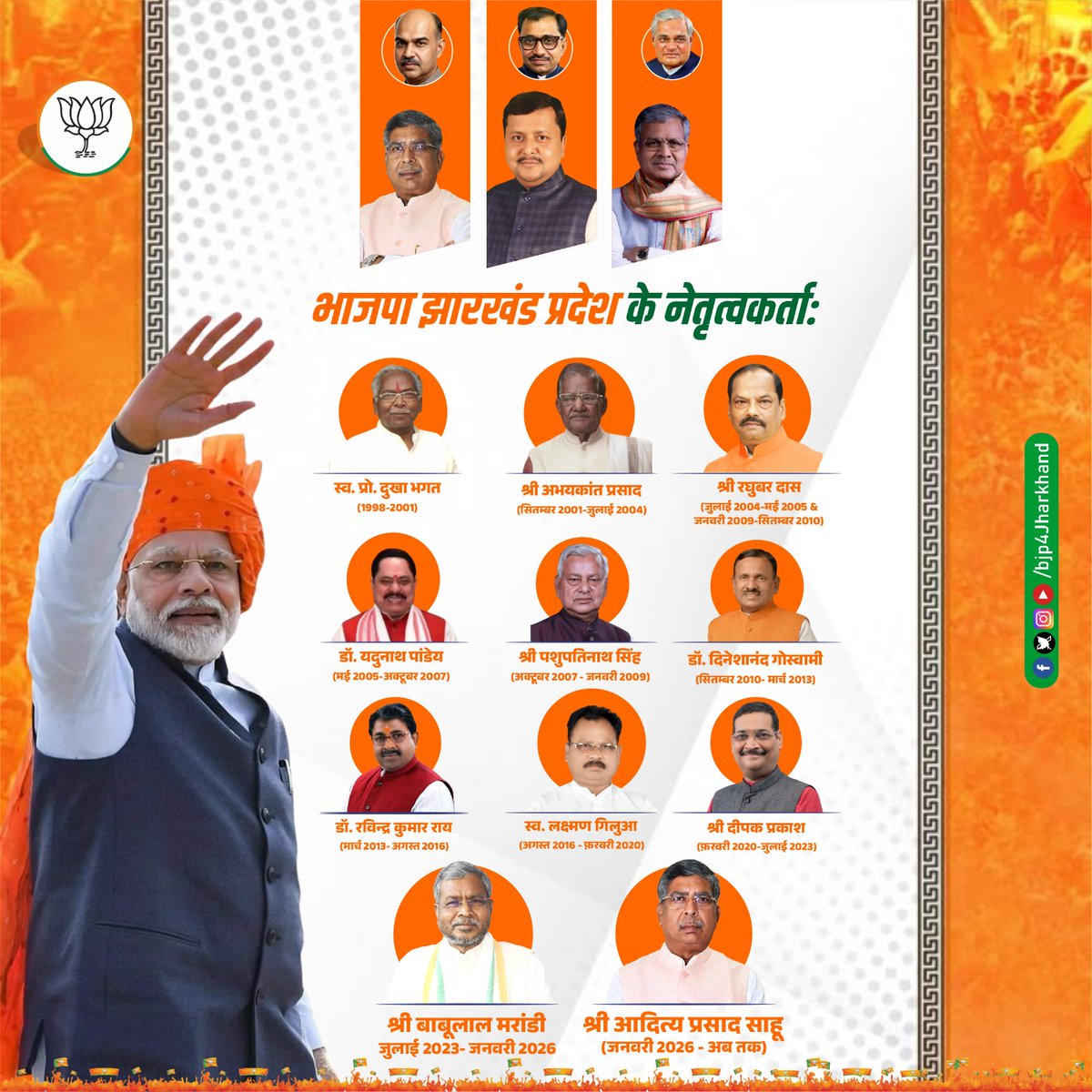 संघर्ष, समर्पण और संगठन की मजबूत परंपरा ही भाजपा की असली शक्ति है।

झारखंड में संगठन को निरंतर मजबूती देने वाले सभी पूर्व प्रदेश अध्यक्षों एवं वर्तमान नेतृत्वकर्ताओं का योगदान हम सभी कार्यकर्ताओं के लिए प्रेरणा का स्रोत है।

विचार से विस्तार तक, सेवा से संगठन तक — भाजपा निरंतर