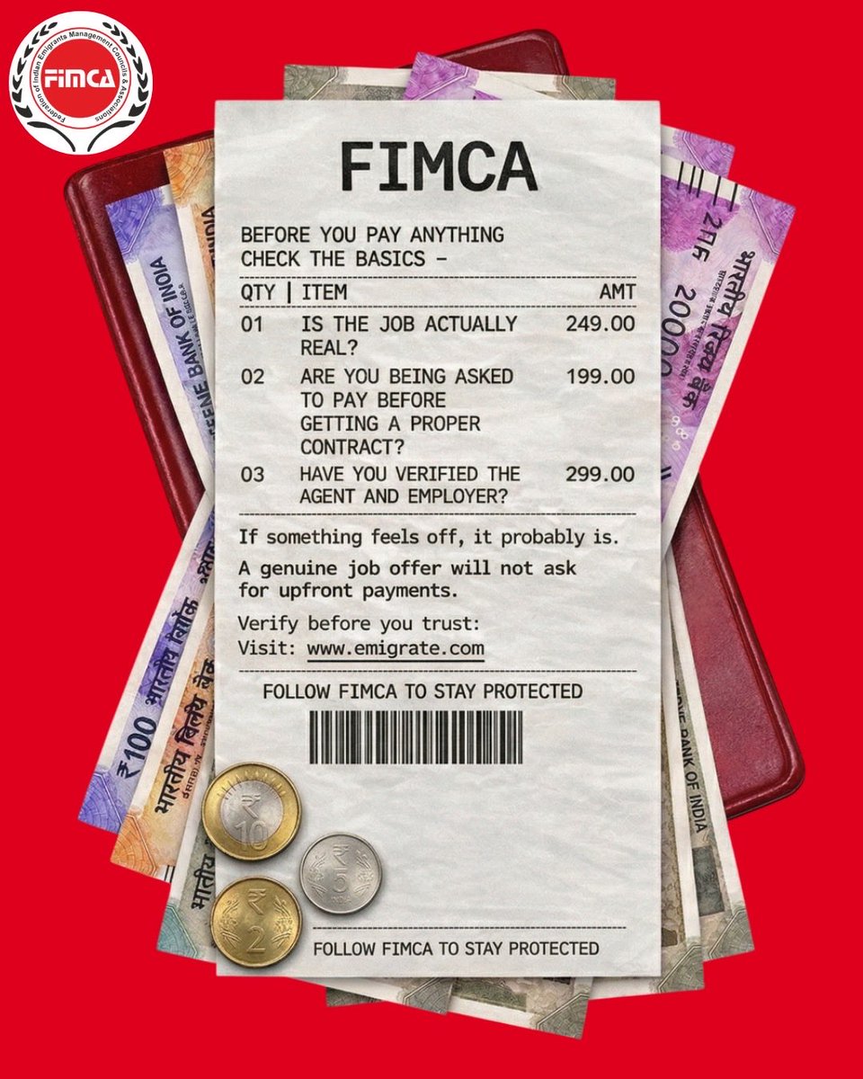 Fimca_India's tweet photo. Not every opportunity is real. Verify first, trust later.

#SafeMigration #FairRecruitment
#FIMCA
#Employment #FutureOfWork https://t.co/RQUHBl4Pz2