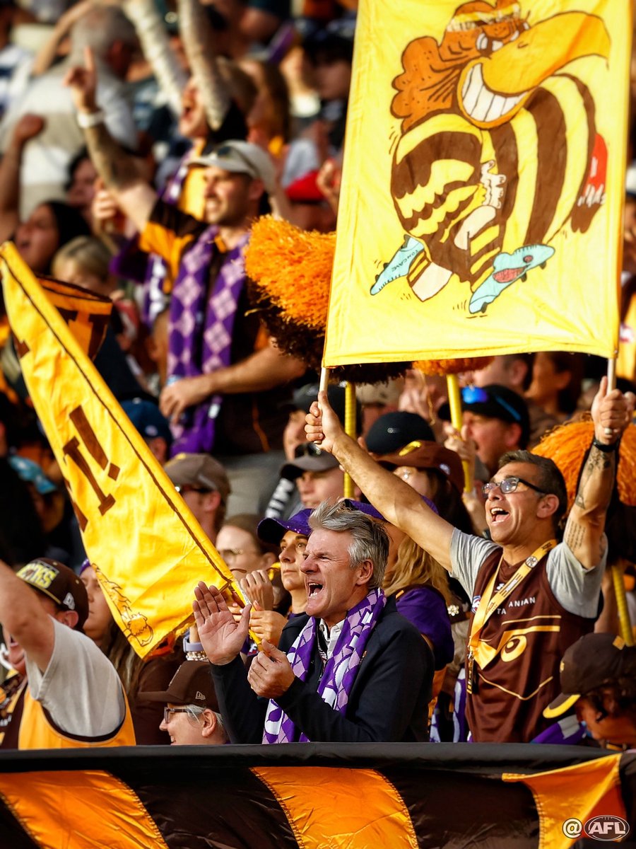 MichaelCWillson's tweet photo. Hawthorn President Andy Gowers celebrates in the cheer squad as the Hawks win an Easter Monday classic against the Cats 🐣 https://t.co/YKeXSQJRTN