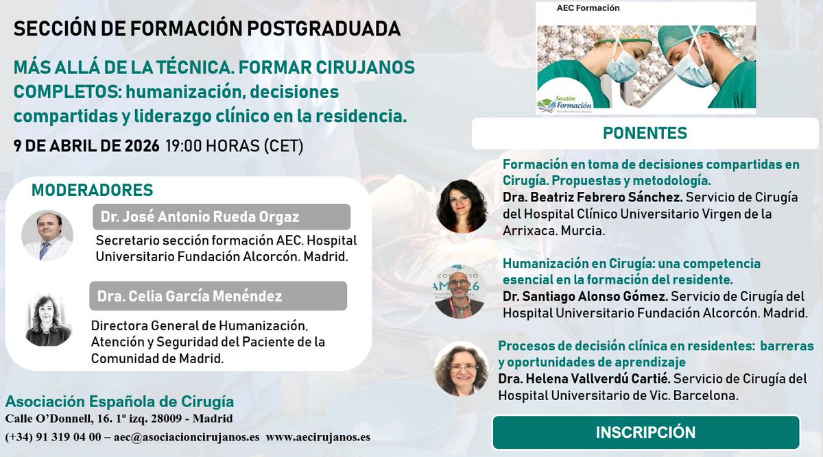 aecirujanos's tweet image. La técnica se entrena, pero la humanidad se cultiva🤝🏥 ¿Cómo tomamos decisiones con el paciente? ¿Cómo lideramos equipos en quirófano? El nuevo #webinar de @aecformacion pone el foco en lo que de verdad importa: el factor humano en la cirugía. 

🔗us02web.zoom.us/webinar/regist…