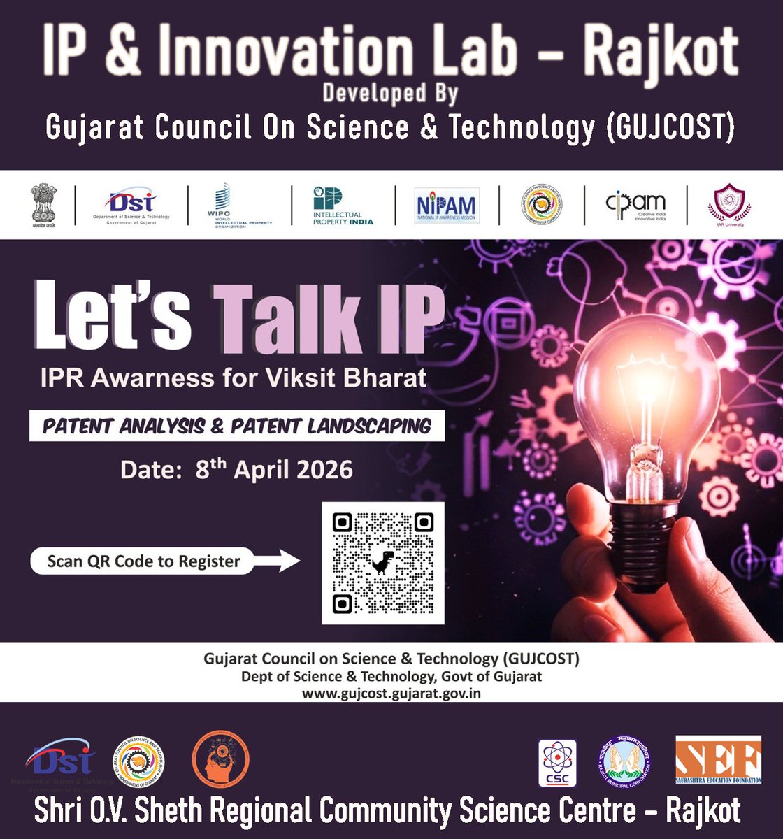 IPLab_Rajkot's tweet photo. #Patent Analysis = #Smarter Innovation !
Learn how #Global Trends shape your #ideas.
Join the #IPR_Awareness Session of #LetsTalkIP and unlock the Power of #Innovation on 8th April 2026.
A must-attend session on #PatentAnalysis & Patent #Landscaping.
#Scan and #RegisterNow ! https://t.co/TWeRMEp1Dz