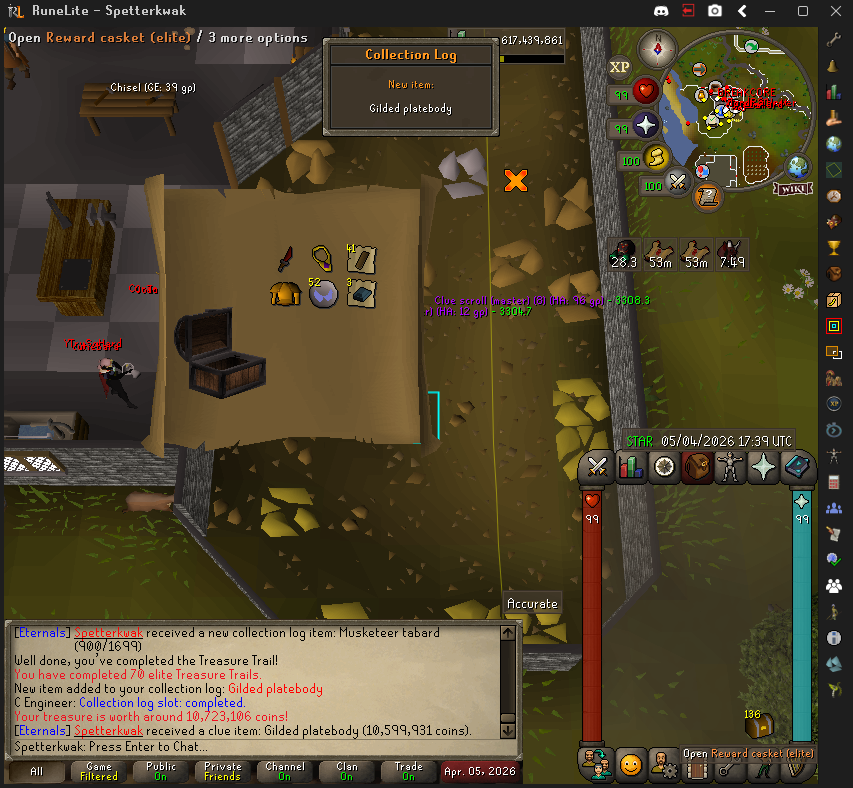 RubennnOSRS's tweet photo. Yesterday's opening was crazy! 2 gilded pieces and a dark bow tie as clogs! Soon the 250 master caskets opening. To be continued... https://t.co/sZfjFEwOfi