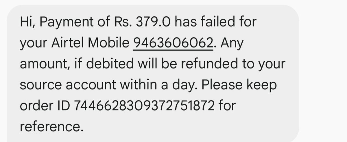 Harshde32530188's tweet photo. @airtelindia @Airtel_Presence Made a recharge on 6 April 2026 at 12:12 AM via Airtel app. Payment failed but money got deducted. SMS says refund same day, but app shows 2–3 days. Incoming calls also stopped due to this, which is not my fault. Very disappointing service Airtel. https://t.co/ATykN0X4RL