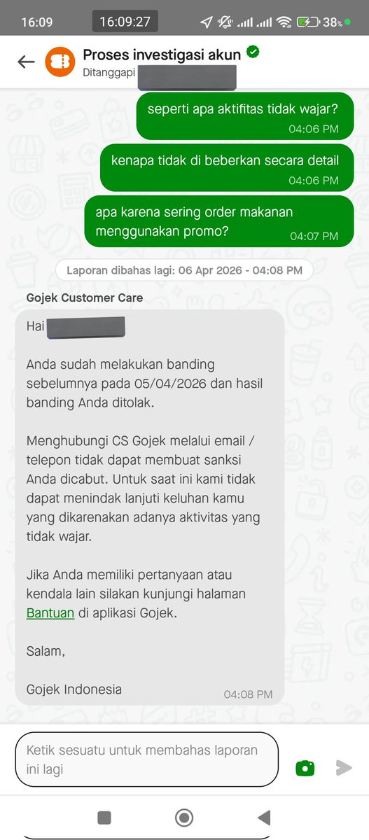 Lix_lixth's tweet photo. @amell_rahma @gojekindonesia Begini aja enggak ada solusi atau di jelasin salahnya di mana.

Akun ku bermasalah setelah selesai order makanan. Padahal alamat bener, engga buat driver nungguin. Bayar lewat gopay. Cuma di kasih info (penyalahgunaan promosi) gitu aja

Jwban pihak gojek robot terus.. bikin kesel https://t.co/e6Sc9ZN5Om