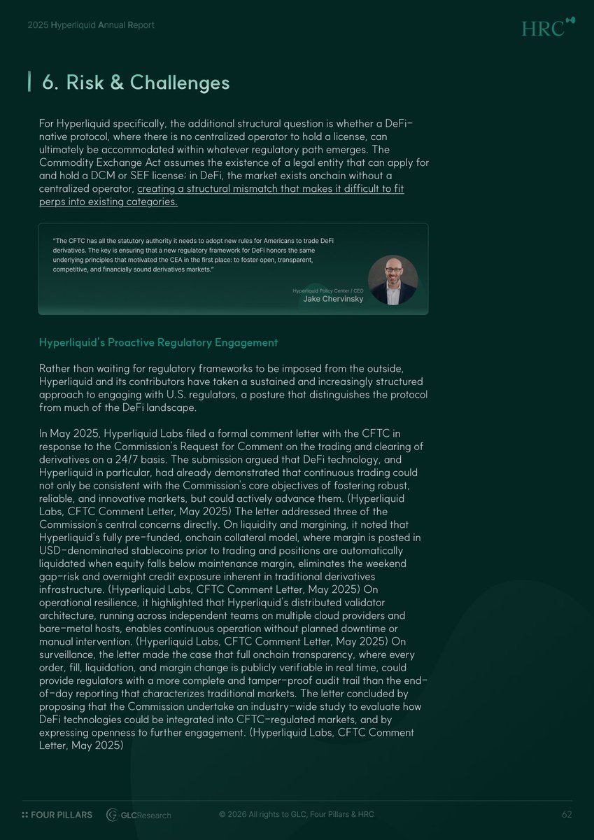 For anyone interested in the regulatory landscape around Hyperliquid, we had the opportunity to chat with <a href="/jchervinsky/">Jake Chervinsky</a> while working on the 2025 annual report. 

He shared valuable insights on the current regulatory environment for Hyperliquid and perpetuals derivatives, as well