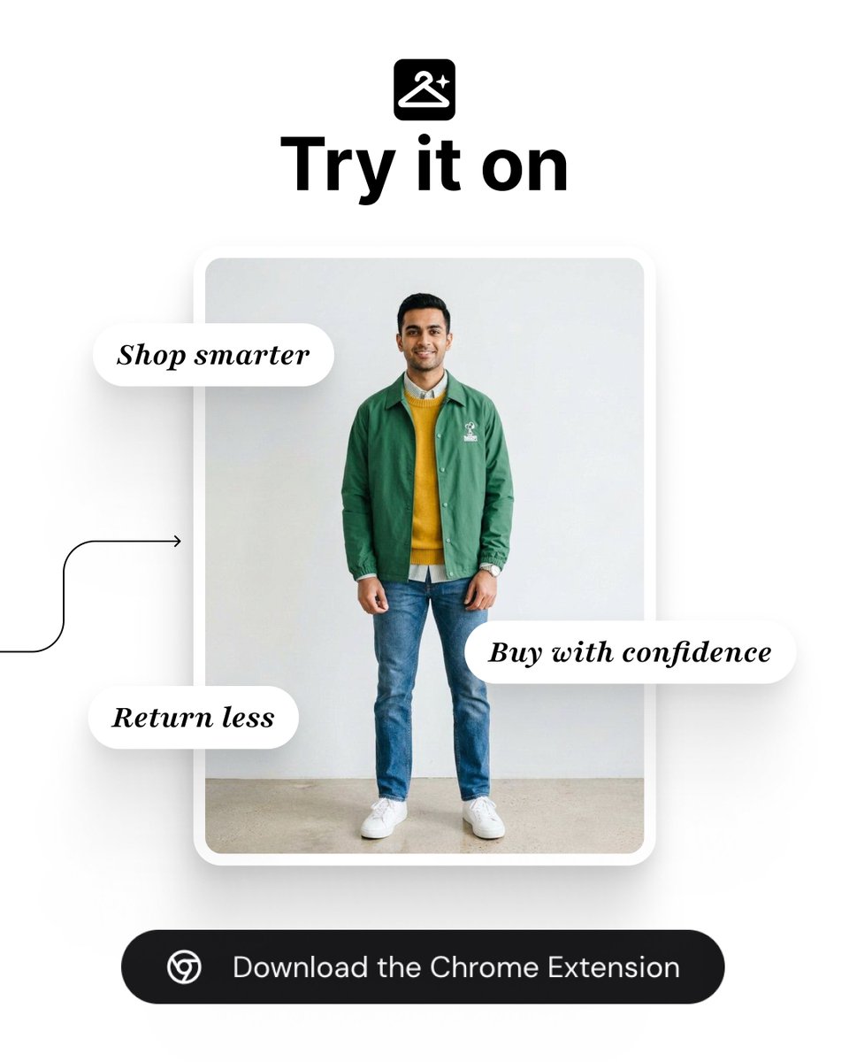 NFNLabs's tweet photo. We launched a new product called 'Try it on'

Ever ordered clothes online and they looked nothing like you expected? Try It On fixes that.

It's a Chrome extension that lets you see how any clothing item looks on you before you buy — right from the product page of any online store.

Here's how it works:
- Install the extension and sign up
- Upload 2 photos of yourself
- Browse any clothing store online
- Hover over any item and click "Try On"
- See it on your body in seconds
- Love it? One click takes you to the product page to buy

You also get a personal feed of everything you've tried on - like your own virtual wardrobe. Curate the ones you love, compare outfits, and come back to them anytime.

Sign up and get your first 10 try-ons free. No credit card needed.

Check it out: https://t.co/xOHDjKp9eG