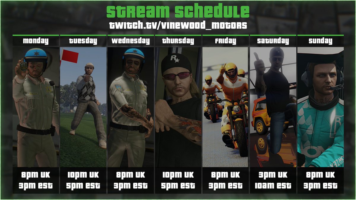 This Week’s Stream Schedule

The GTA Online grind continues! 🔥

We’ll be live throughout the week with a mix of neighbourhood watch events!

Don’t miss our Crew Playlist this Friday - it’s gonna be a big one!

Twitch.tv/vinewood_motors 

(Graphics by <a href="/SeeFusionn/">SeeFusion</a>)