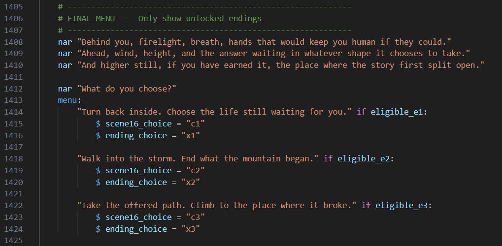 mistforged's tweet photo. Balancing multiple endings is harder than it sounds 😅

Different routes, different emotional weights,
but still tied together through shared variables and states.

Feels manageable at first.

Then everything starts to intertwine.

#VNDev #RenPy #IndieGameDev https://t.co/OqhTuDBwsx