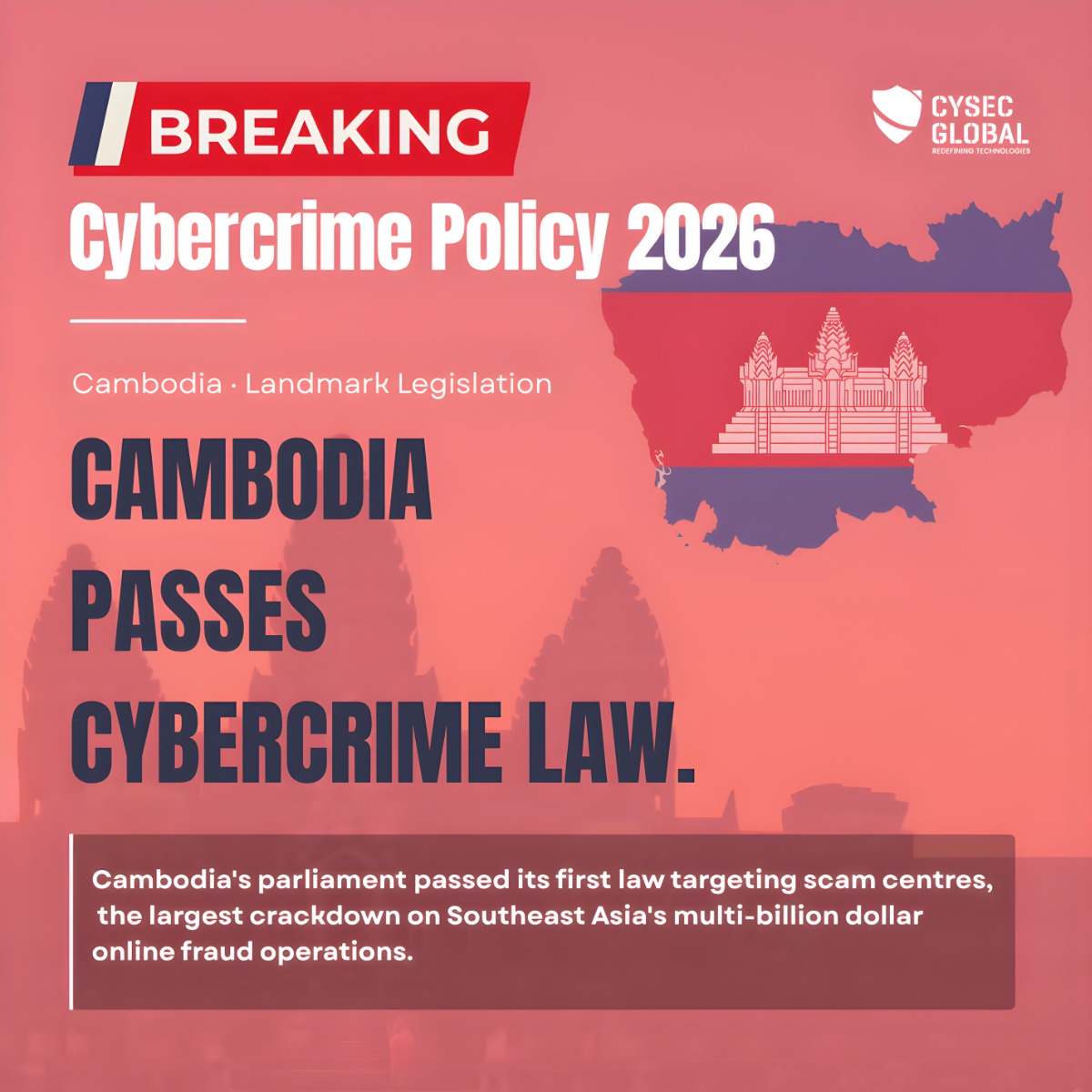 Cambodia passes tough cybercrime law targeting scam networks with strict penalties. A major step to curb fraud in Southeast Asia, final approval pending royal signature. 

Read More: reuters.com/world/asia-pac…

#CYSECGLOBAL #Cybercrime #Cambodia #ScamCentres #CyberLaw
