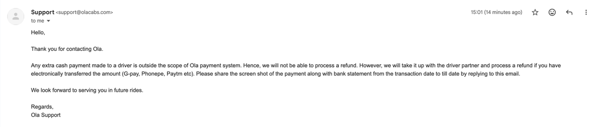 Hitesh239's tweet photo. @ola_supports @Olacabs @jagograhakjago @Olacabs 
.@Olacabs driver charged 2x fare in cash for an airport ride. Raised a complaint, but support closed it with a generic policy reply.

So drivers can overcharge and customers just have to accept it? This is unacceptable. #OlaComplaint https://t.co/UjLuvRFAmk