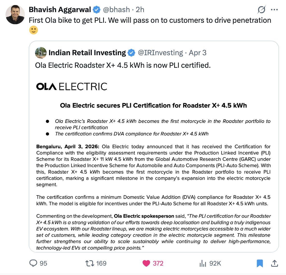 IRInvesting's tweet image. Wow, CEO of Ola Electric reposted my post.😍