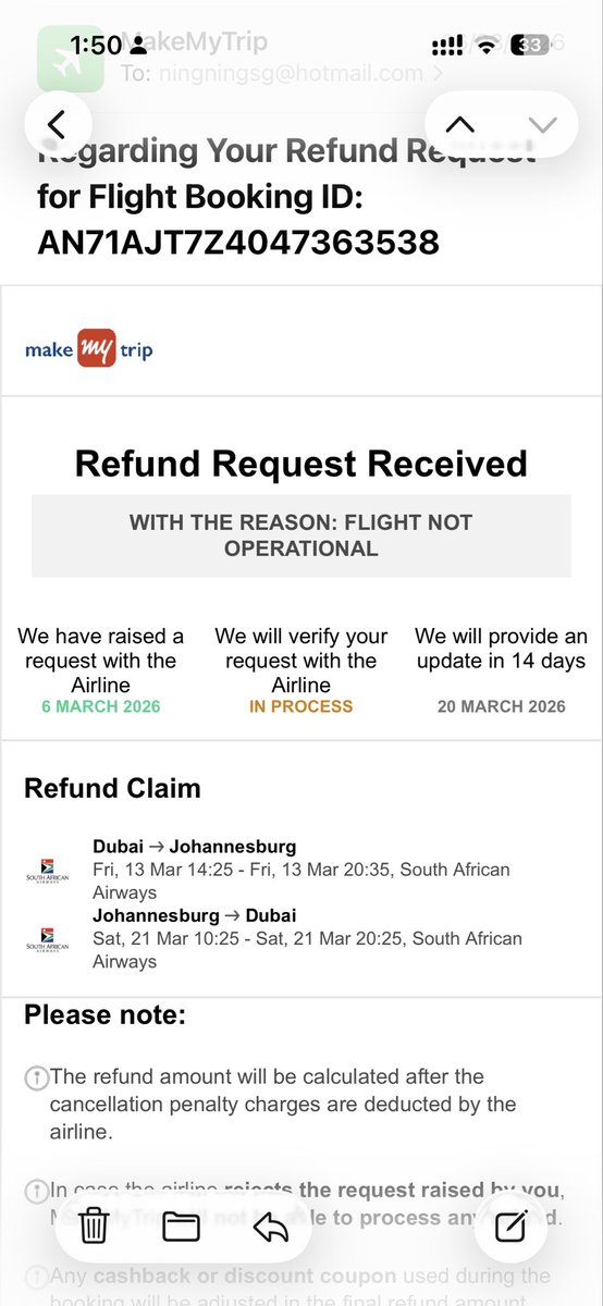 ningningsg's tweet photo. @flysaa @makemytripcare @makemytrip Hi, unable to get through the above phone#. Can you let me know the refund status after 1 month of requesting cancellation? PNR: BKP6FK
@Makemytrip stated @flysaa is not refunding them the money for this booking, therefore the delay. 
May I know the reason why? #CareTeamAM https://t.co/i9O9CFZmz4