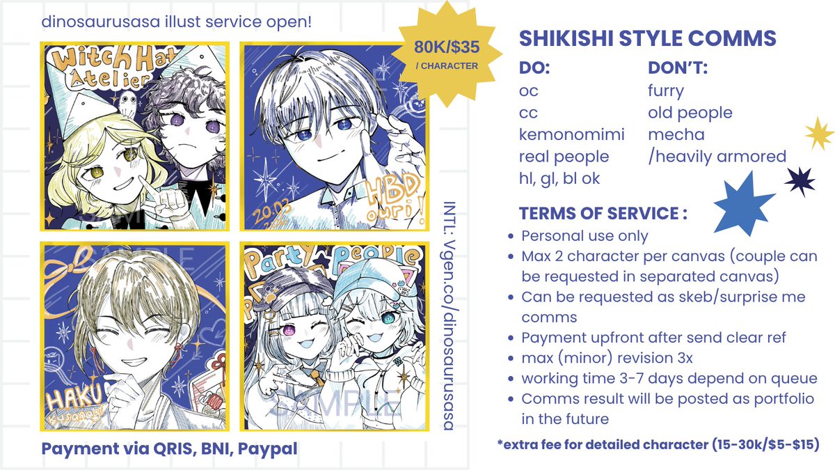 shares r appreciated! 💙
✦ dinosaurusasa's comms is open! ✦

Open for local and international (VGgen only, please help me get verified QwQ) 

Tolong mention after DM. Untuk alternatif bisa kirim pesan ke DM ig/discord (same handle @)
#commstwt #artidn #commissionsopen #VGenComm