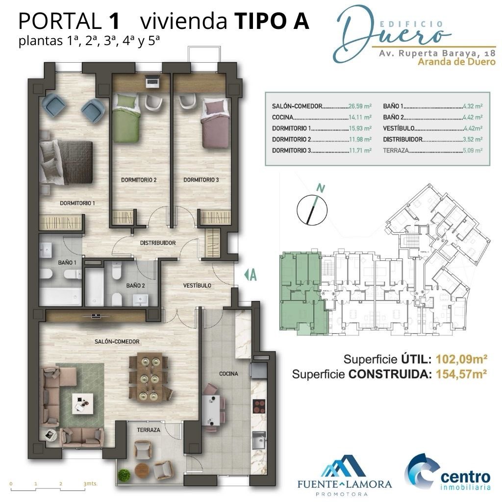 #Promoción EDIFICIO DUERO
#Viviendas de nueva generación, máxima eficiencia energética; clasificación 'A' de 2 y 3 dormitorios, garaje y trastero.
Portal 1 A. Plantas 1 a 5. Comedor, 3 dormitorios, 2 baños y terraza. 102,09m2 útiles y 154,57m2 construidos.
promocionesaranda.es