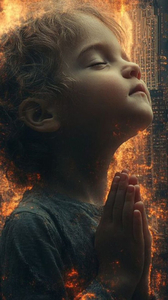 ruhinrhyme's tweet image. Fire rages high, the world in deep despair,
A child’s soft plea rises through the air.
With eyes closed tight against the burning land,
Hope is held within a tiny #hand.
Faith is the shield where all shadows cease,
Gentle touch for eternal peace.
#vss365 #poetry #writers #prompt
