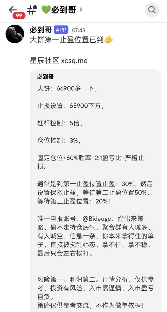 kmmrtb's tweet photo. 🚀 「必到哥」大饼策略再次精准验证！

· 入场：BTC 从 66900+ 进场
· 当前最高触及 69200+
· 第一止盈（30%）已顺利兑现 ✅

📊 风控与仓位管理：
止损 65900 下方｜5倍杠杆｜3% 仓位｜盈亏比 2:1｜分批止盈（30%→50%→20%）

💰 剩余仓位已转为保本持仓，继续博弈第二、第三止盈目标，空间可期。

🎯 不喊单、不带节奏，只提供可执行的高胜率方案——这才是顶级KOL应有的水准。

📡 想第一时间接收各大顶级KOL的实盘策略？
包括：Telegram实时信号｜仓位管理｜止盈止损全套方案

👉 星辰社区 已帮你聚合最顶尖的信号源，每日精选推送，告别信息杂乱与左右打脸。

✅ 跟单聚合，首选星辰社区
涵盖一级、链上、二级合约、现货，头部大V实时策略同步
免费试用中

📌 TG：https://t.co/TLc8x15OHO
📌 微信：Echoccc09002