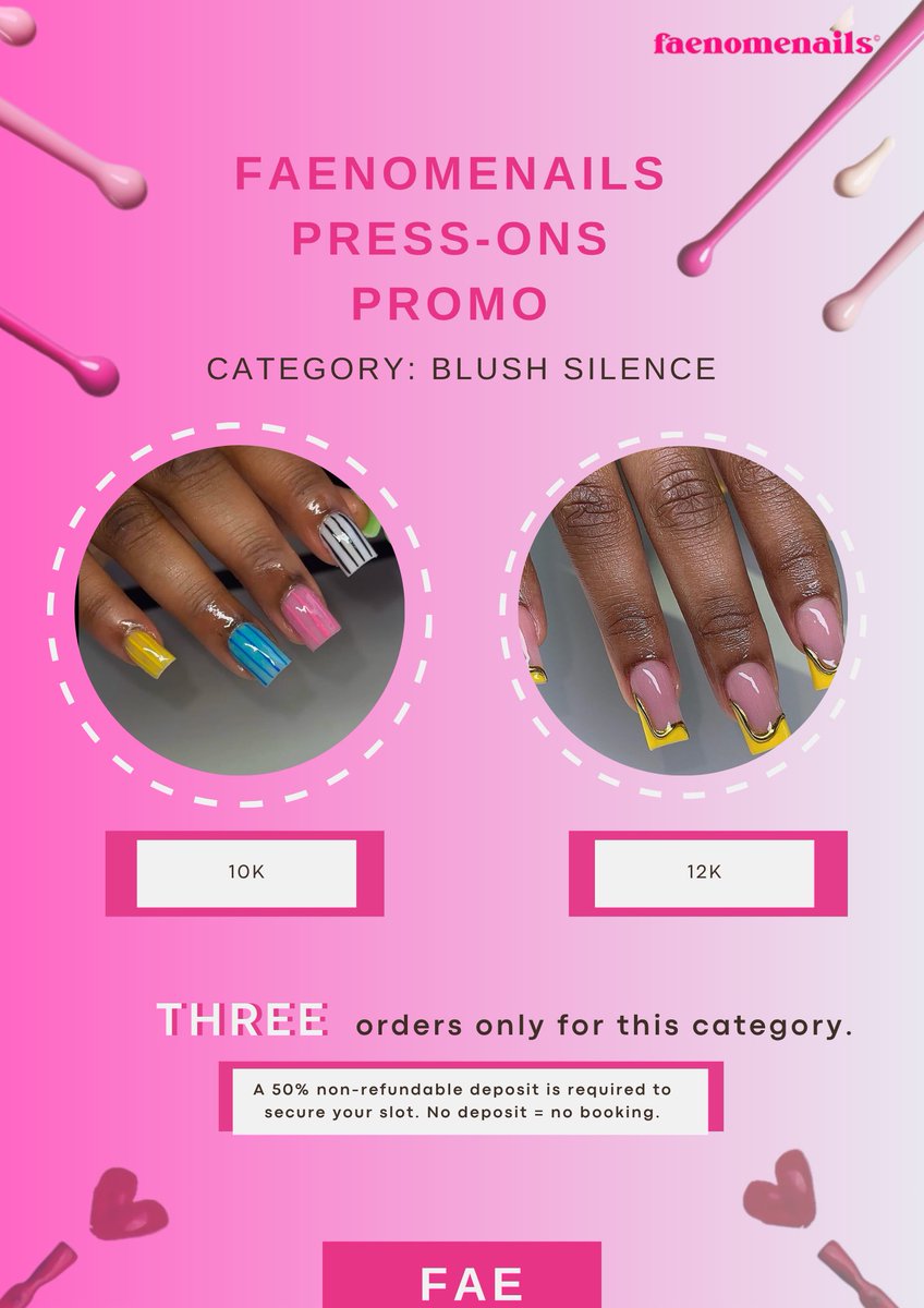 faenomenails's tweet photo. https://t.co/lEtmLIUYpz

GETTING CUSTOMISED PRESS-ONS HAS NEVER BEEN MORE AFFORDABLE AND FUN!💞⭐️

FAENOMENAILS is running an Anniversary sales this month🤩

There are two categories for this week:
💞🤫BLUSH SILENCE
🖤💋MIDNIGHT BITE https://t.co/NIq5EyV8c1