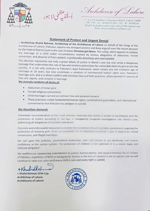 ayesha16g's tweet photo. Just in: Archbishop of Lahore condemns Pakistan’s top court for upholding custody of abducted & forcibly converted Maria Shahbaz.. A shocking failure to protect a minor from abduction and religious coercion.
#Pakistan #ReligiousFreedom #JusticeForMaria https://t.co/zmxQYGURUM