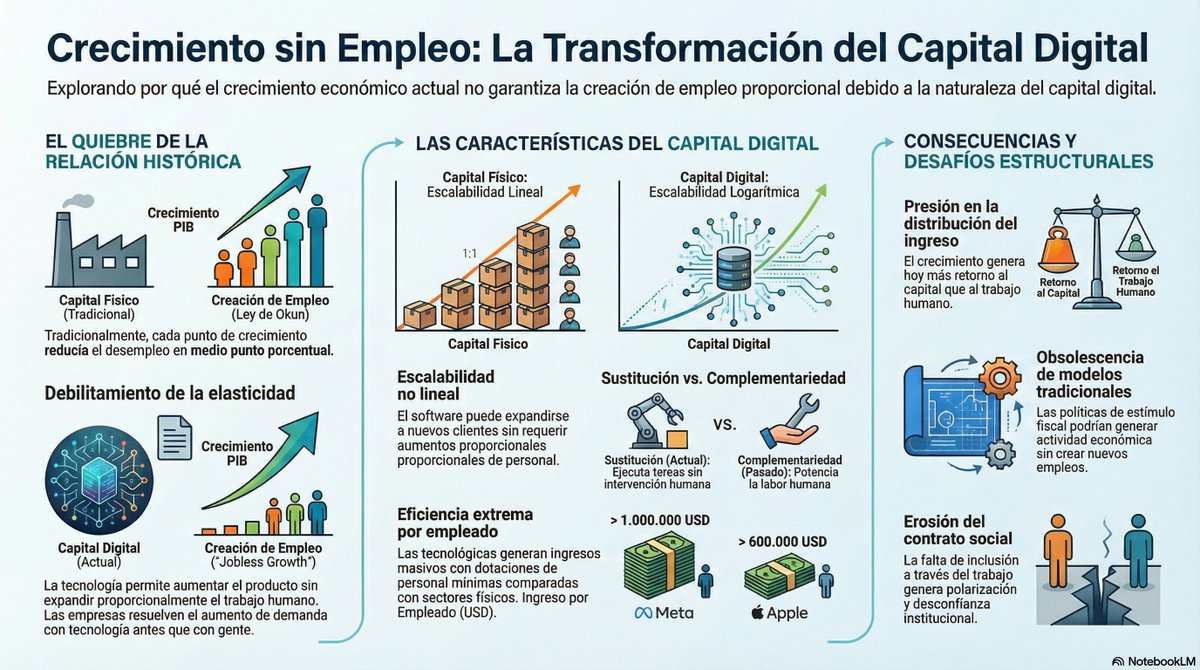 adesalb's tweet photo. Crecimiento sin empleo

Durante décadas, crecer era contratar. Eso no está roto. Pero podría estar empezando a aflojar.

La IA no destruye el empleo. Pero el tipo de crecimiento que genera podría necesitar menos trabajo.

No es un quiebre. Es algo más difícil de ver: un cambio de pendiente.

Si es así, no cambia solo el mercado laboral.

→ Ver Contrapunto completo en link en tweet siguiente. 

Suscribite a Substack para recibir los Contrapuntos en tu casilla de email.
