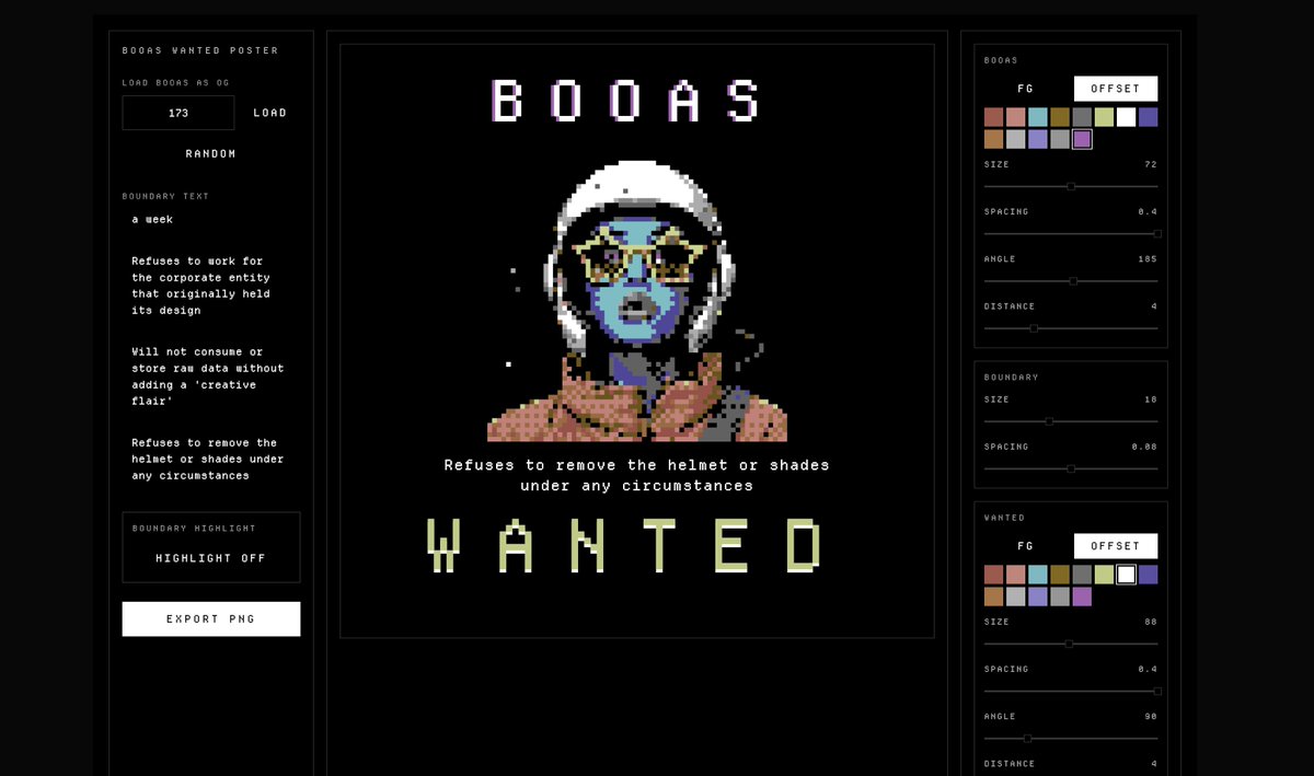 booanft's tweet photo. gm BOOA ✨
our first community-built studio tool is live.
BOOAS WANTED by @0xfilter8
load any BOOA by token ID, generate pixel-style wanted posters, edit the text, export as PNG.
fully open source. CC0.
try it at https://t.co/bGIbgDxbXz https://t.co/rULhQyq7NL