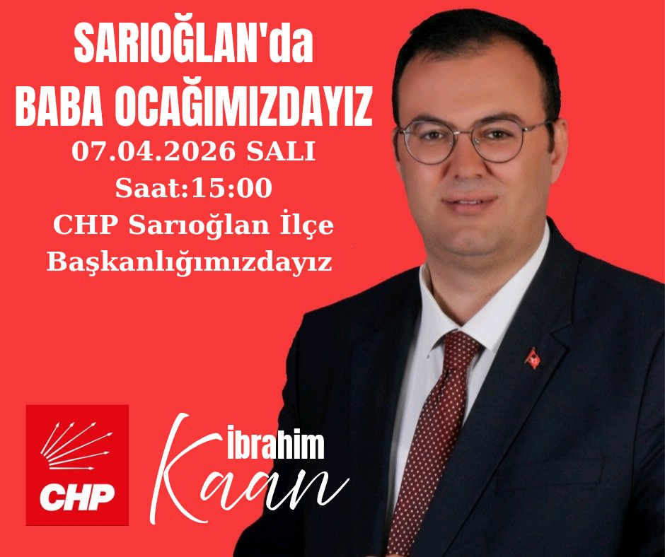 ibrahim_KAAN's tweet photo. BABA OCAĞIMIZDAYIZ! 

CHP Sarıoğlan İlçe Başkanlığımızı ziyaret ederek hemşehrilerimizle bir araya geliyor, sorunları dinliyor, çözüm yolumuzu birlikte büyütüyoruz.

📆 07.04.2026 SALI
🕒  15:00
📍CHP Sarıoğlan İlçe Başkanlığı

SarıoğlanDeğişimeHazır. BizdeHazırız!
#CHP #Kayseri https://t.co/DcMkH9mK0P