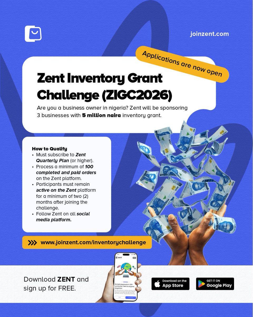 myzentapp's tweet photo. Applications for Zent Inventory Grant Challenge are officially OPEN. Here’s how you qualify:

✔️Subscribe to the Zent Quarterly Plan (or higher)
✔️Process a minimum of 100 completed &amp; paid orders on Zent
✔️ Stay active on the platform for at least 2 months
✔️ Follow Zent https://t.co/nS87VXHgAp