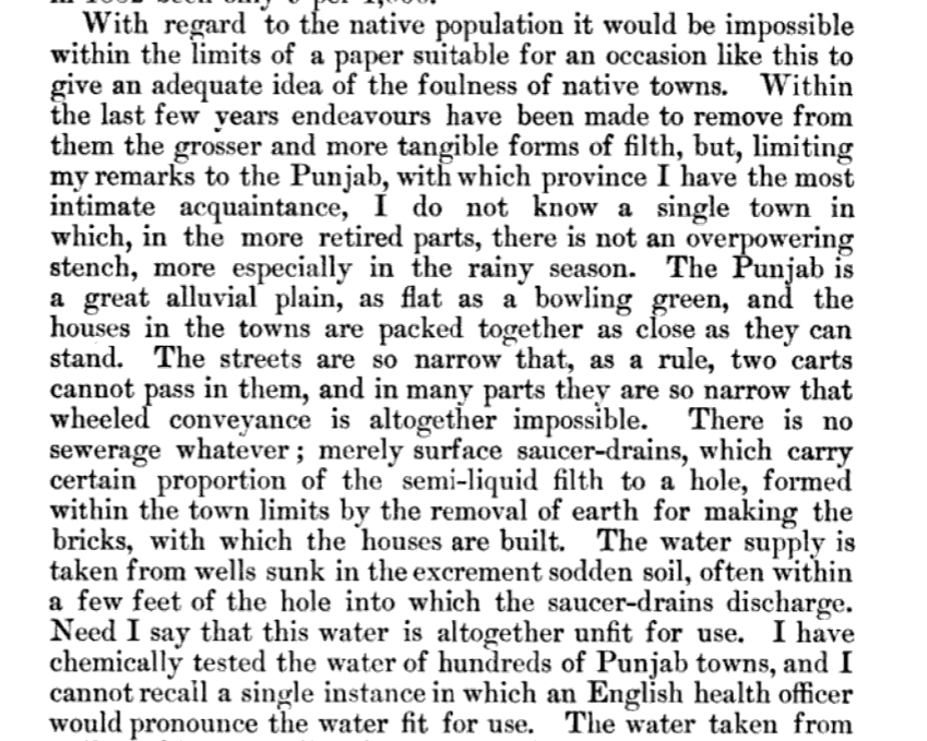 Indus_kanger's tweet photo. According to a remark by  Sanitary Institute of Great Britain, 1884 
There was not a single city where there was not a stench cities are so filthy there is no proper sewage. After testing waters of hundreds of punjabi towns there was not a single which could be usable by 1885 sta https://t.co/EMlE9NXBz4