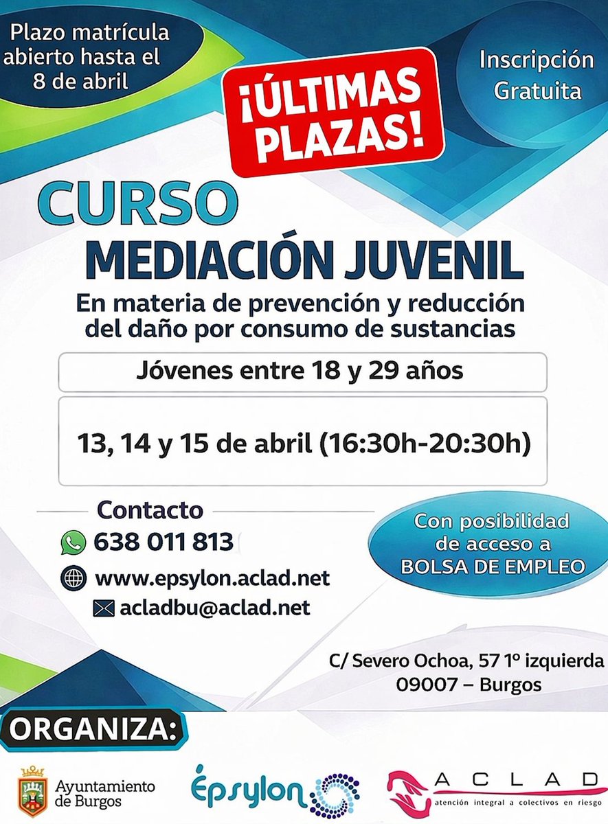 ✍️ No pierdas la oportunidad de inscribirte en nuestro Curso de Mediación Juvenil.

📌 Burgos (13, 14 y 15 de abril).

📢 En colaboración con <a href="/Aytoburgos/">Ayuntamiento de Burgos</a>