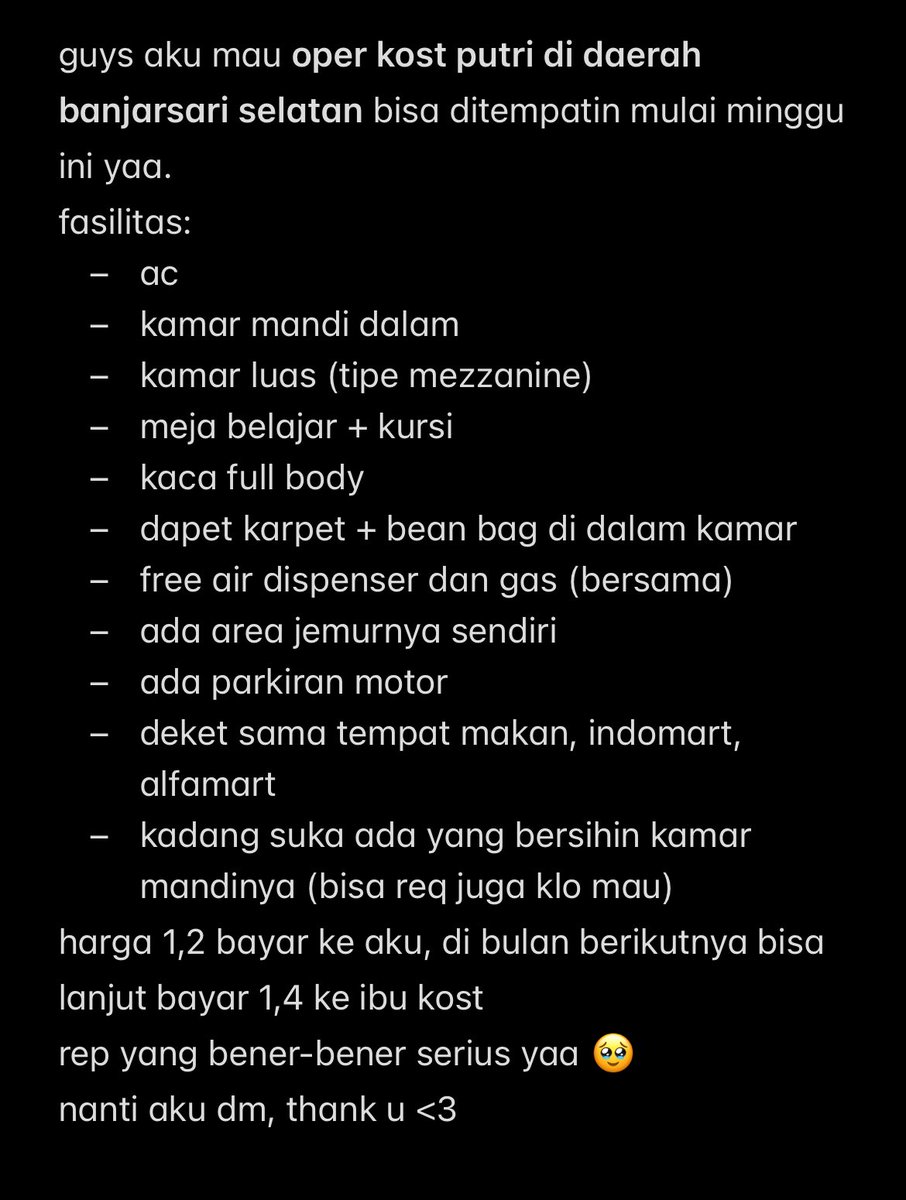 1308page's tweet photo. ✨ OPER KOST PUTRI ✨

oper kost daerah banjarsari selatan buat minggu ini dan seterusnya, detailnya di bawah yaa 🤍 https://t.co/xu3SHttK2h
