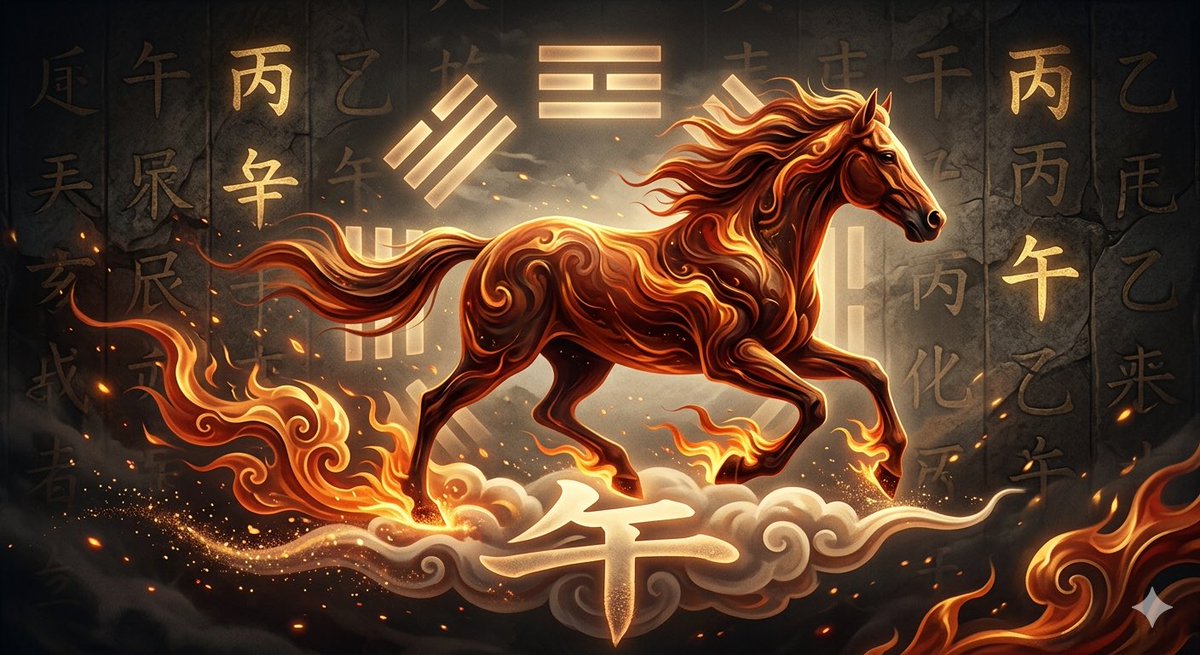 Inamnofu's tweet photo. According to ancient Chinese time-keeping we have just entered the Year of Bing Wu—the Fire Horse.
This isn't just a calendar change. It’s a seismic shift in energy. If 2025 was about subtle shifts, 2026 is about raw, unfiltered acceleration.
A thread on what this means for you. https://t.co/0poxCVQBvl