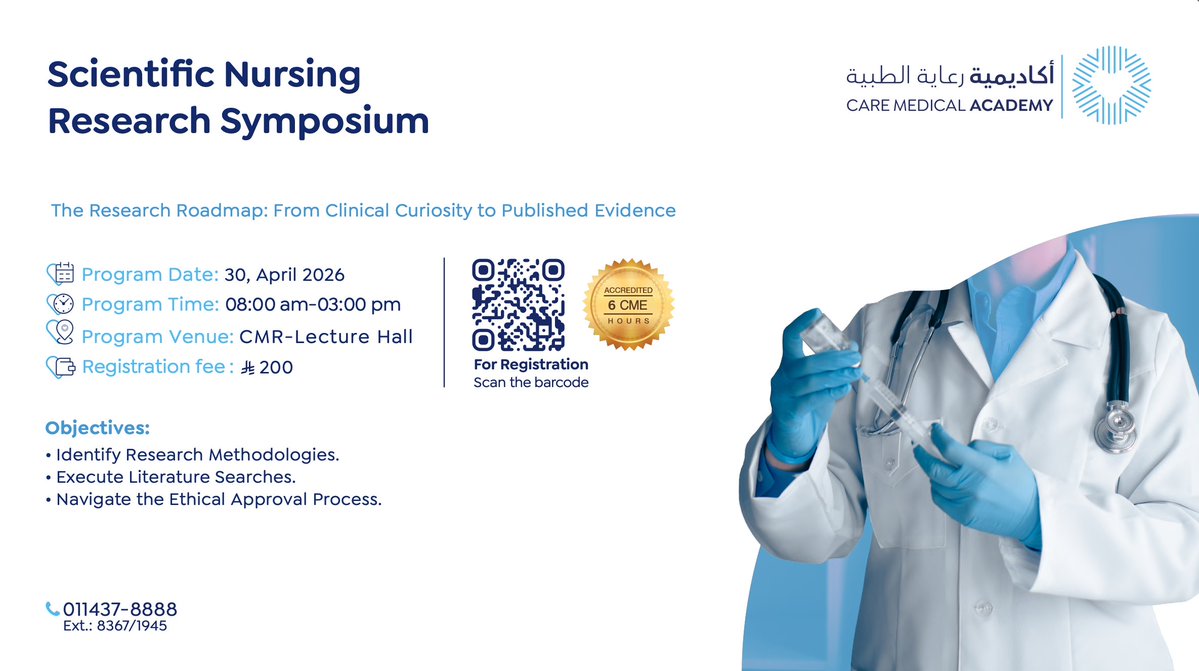We are excited to announce the upcoming Scientific Nursing Research Symposium—a valuable opportunity for healthcare professionals to enhance their research knowledge and skills.

Objectives:
• Identify research methodologies 
• Execute effective literature searches 
• Navigate