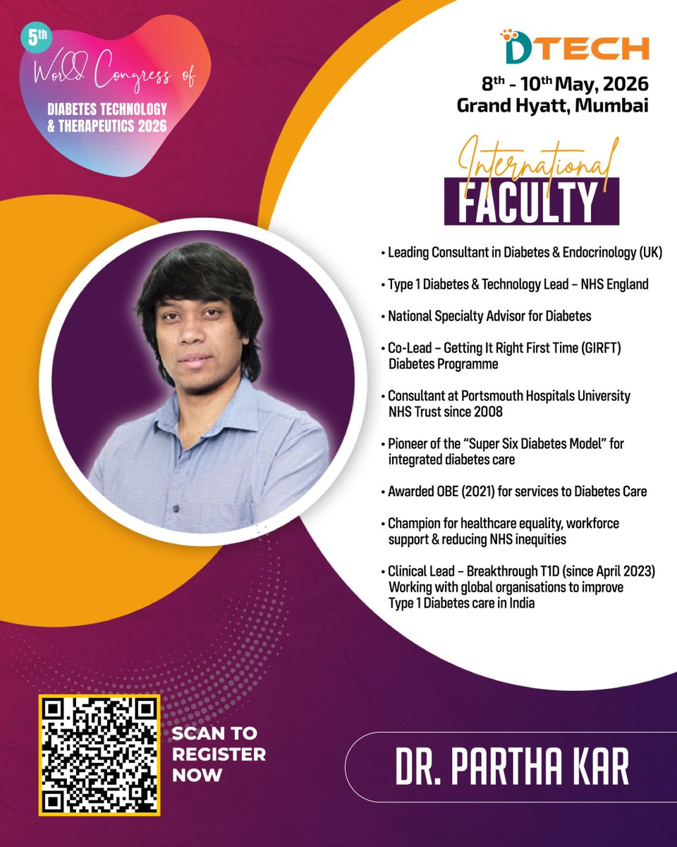 DTechCon's tweet photo. Meet our International Faculty: Dr. Partha Kar ๐จโโ๏ธ๐
The 5th World Congress of Diabetes Technology & Therapeutics is bringing the best of global medicine to Mumbai!
Dr. Partha Kar, a leading Consultant in the UK and a recipient of the OBE for his services to diabetes care. https://t.co/rbwmELPUyF