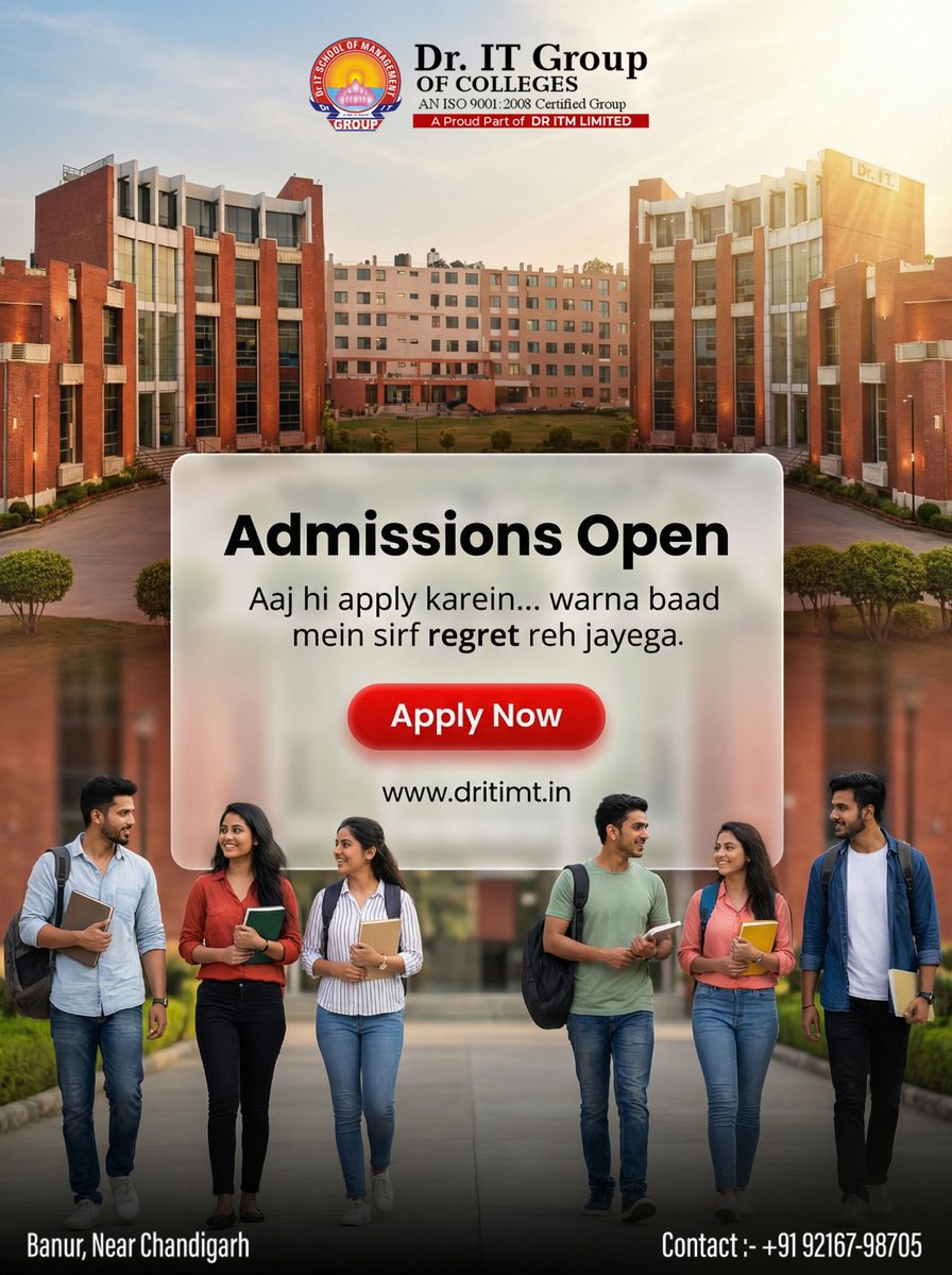 DrIT_group's tweet photo. Future ‘baad mein’ decide nahi hota… ‘aaj’ hota hai.

Admissions for the upcoming academic session are now open.

📞 Contact: +91 9216798705, +91 8699119119
🌐 Visit https://t.co/SGO38SQXCh
📍 Banur, Punjab

 #dritgroupofcolleges #collegelife #admissionopen2026 https://t.co/T10clr78jX