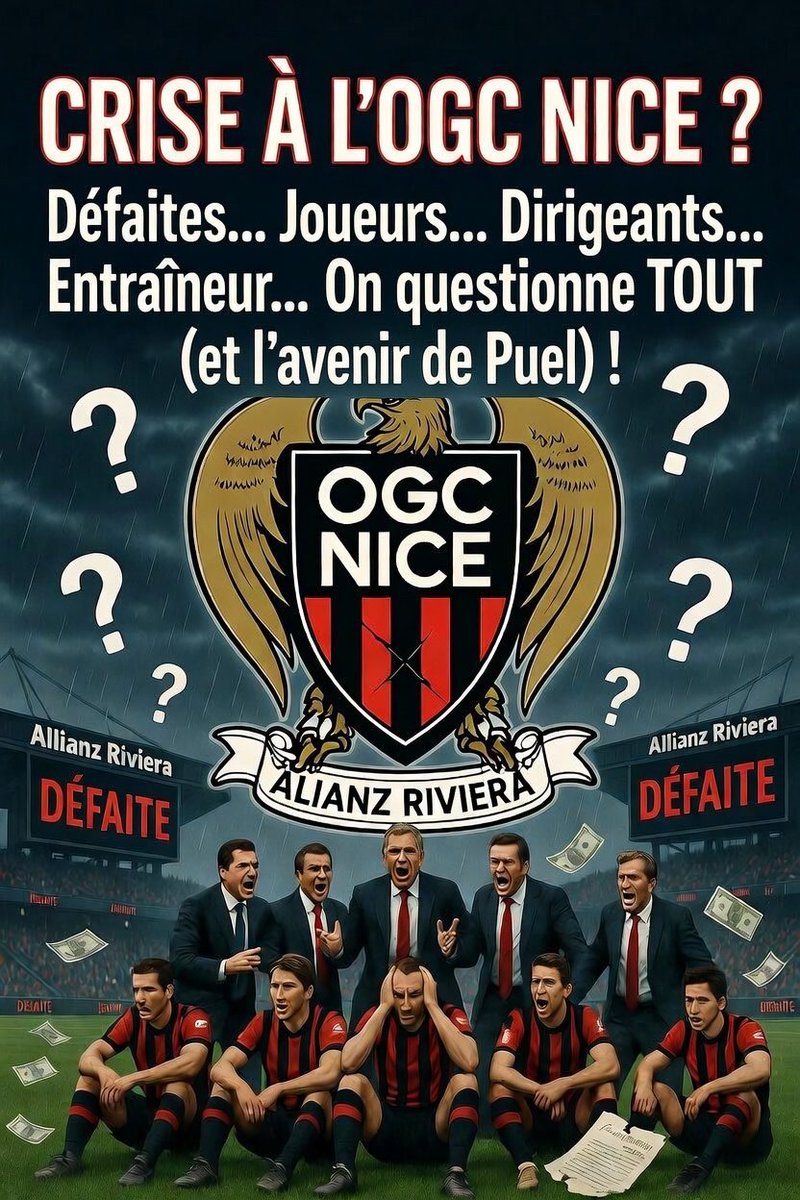 LouisViola59188's tweet photo. 😩🔴⚫ Crise à l’OGC Nice ?
Défaites en chaîne, joueurs qui peinent, dirigeants sous pression… et l’avenir de l’entraîneur (Puel) qui reste flou malgré sa mission maintien.
On questionne TOUT chez les Aiglons !
Qu’est-ce qui ne tourne plus rond ?
#OGCNice #Ligue1 #CriseOGCNice https://t.co/7GTLw2hqOJ