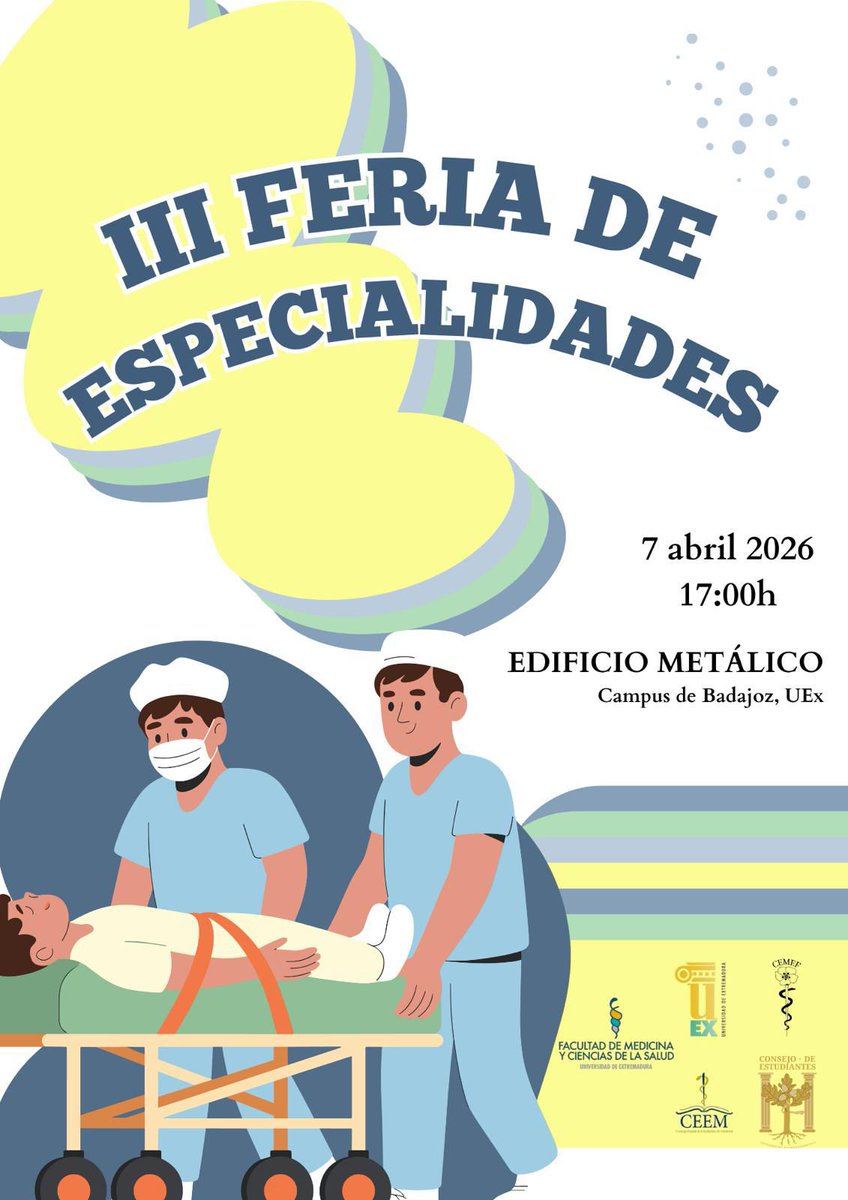 👩‍⚕️👨‍⚕️ ¿Dudas con tu especialidad? Mañana tienes una cita clave👇
III Feria de Especialidades
📅 7 abril
🕔 17:00 h
📍 Edificio Metálico – Campus Badajoz (UEx) 👉 Organiza:<a href="/cemef_uex/">CEMEF_UEx</a>
